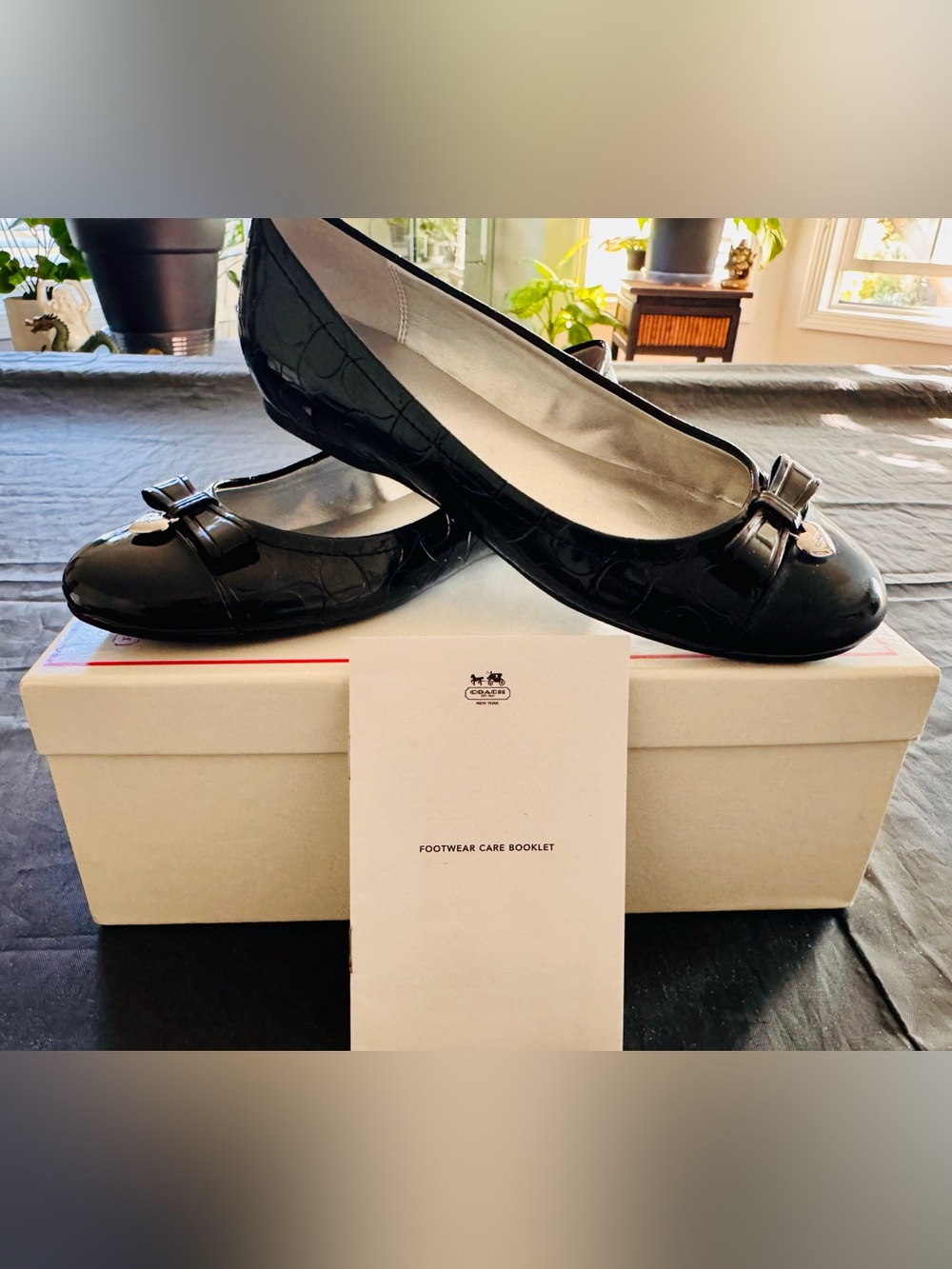 Coach Black Patent Leather Logo Ballet Flats with Bow